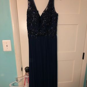Navy Beaded Long Prom Dress
